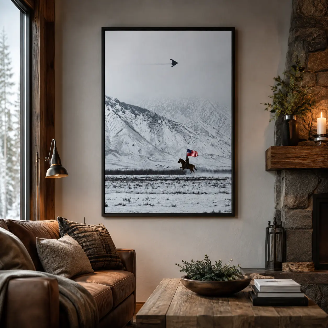 Cowboy on Horse and B2 Spirit Flying Satin Poster- America Western Mountain Unframed Wall art