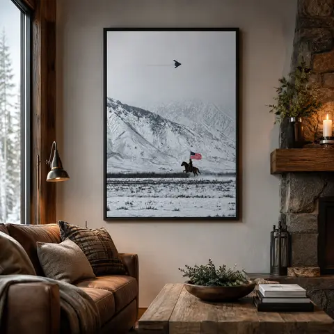 Cowboy on Horse and B2 Spirit Flying Satin Poster- America Western Mountain Unframed Wall art