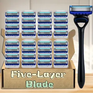 High-Quality Men's Five-Layer Manual Shaver, 1 Handle + 24-48 Blades, Stainless Steel, Washable, Daily Use for Shaving and Hair Removal