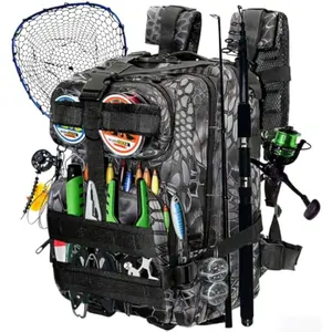 Large Fishing Backpack with Rod Holders Lightweight Fishing Tackle Backpack Professional Water-Resistant All-in-One Rod Holder & Gear Storage