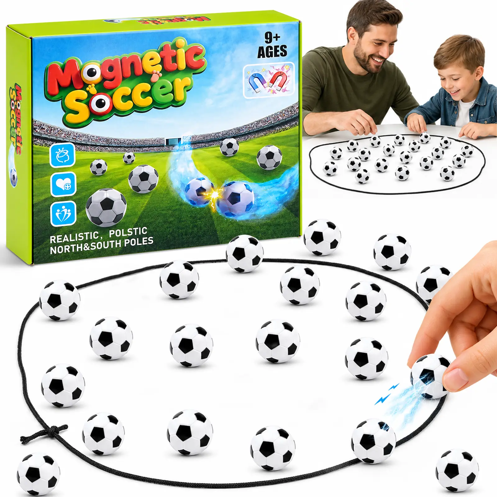 Magnetic Soccer Game , 20 Football-Shaped Stones Tabletop Strategy Board Game with String , 2 Player Puzzle Toy for Family Game Night Party Travel Camping , Gift for Kids Adults Ages 9+