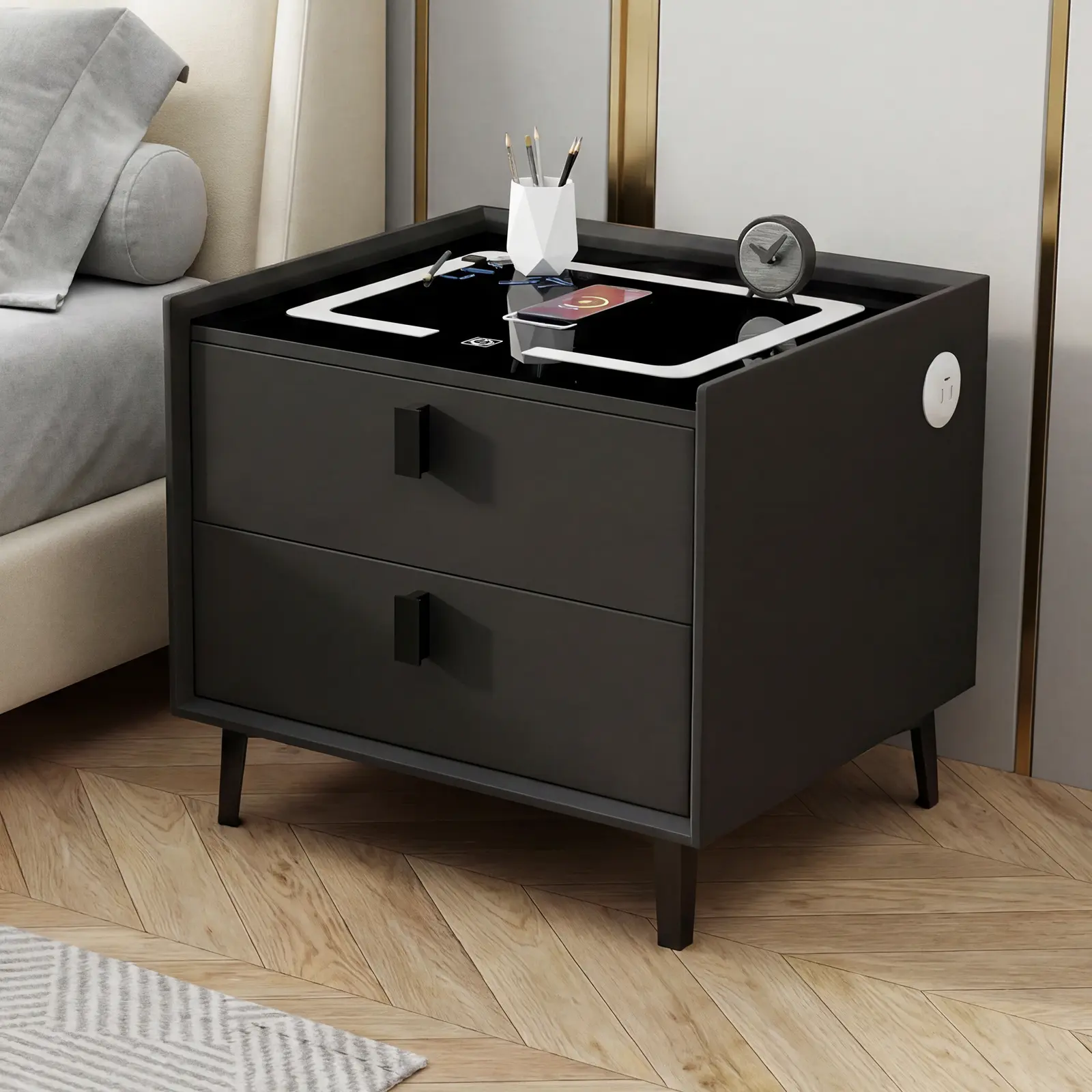 Modern Nightstand Cabinet with Charging Station, LED Lights, 2 Drawers, USB Ports & Wireless Charger - Particleboard Rectangular Modern Accent Table, Smooth Finish Small Bedside Table