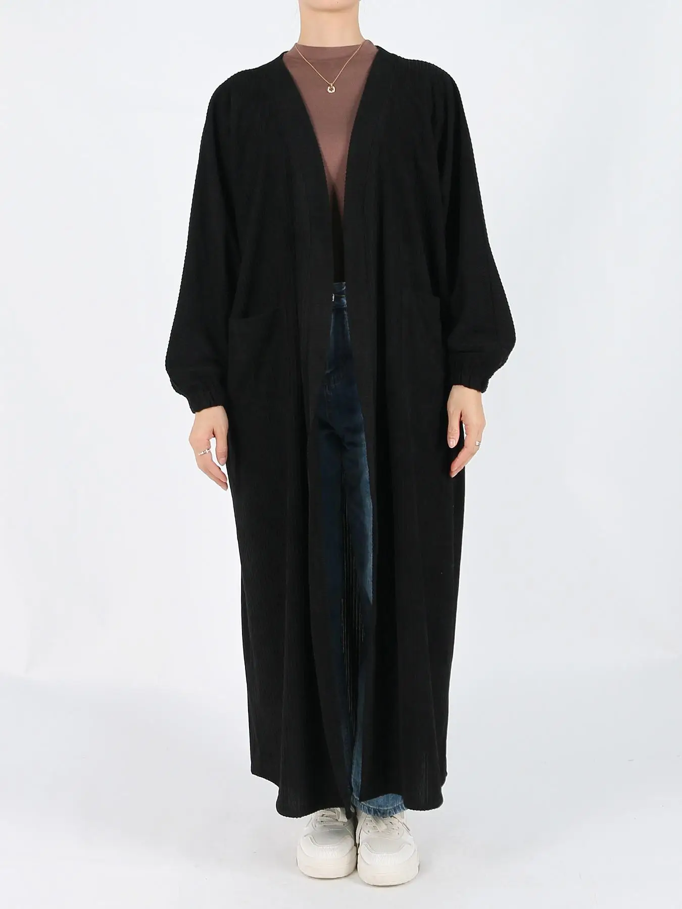 Women's Solid Drop Shoulder Pocket Open Front Coat, Casual Long Sleeve Outerwear for Fall & Winter, Ladies Clothes for Daily Wear