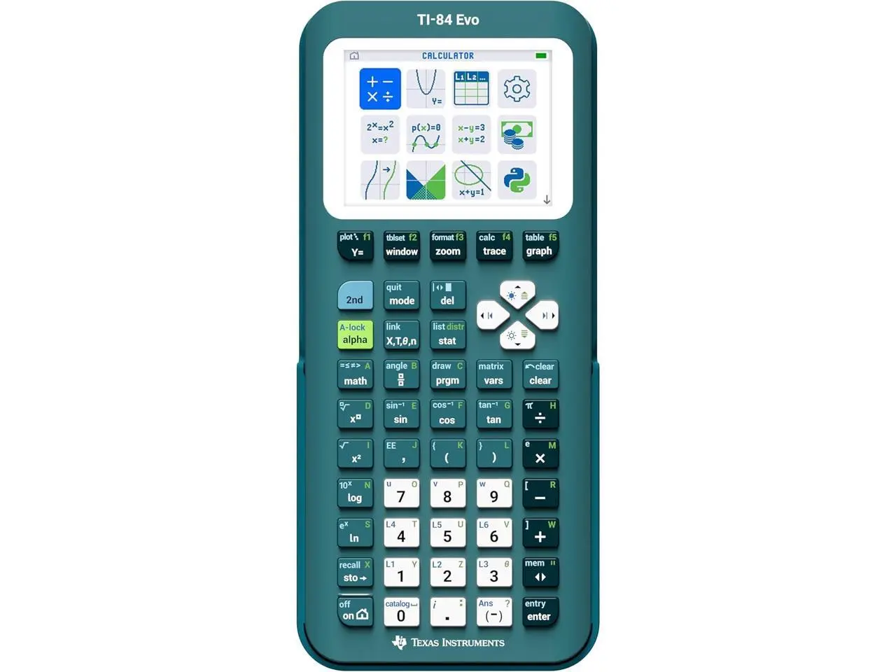 Texas Instruments Graphing Calculator - Rechargeable - Battery Powered - 3.4" Width x 0.8" Depth x 7.6" Length - Teal - 84EVO/FC/1L1/A6