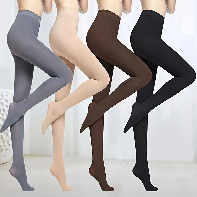 Women's Basic Mid-Thickness Nylon/Elastane Thermal Knee High Tights Set - Anti-Slip, Warm, Elastic, Sheer, Plain, Casual Stretch Pantyhose (4-Pair, 1-Size) for Autumn Winter Outdoor Wear, Christmas Party, Thermal Winter Tights, Tights Stretch Set