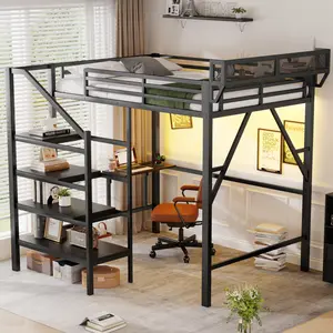  [Bellemave] Loft Bed with Foldable Desk| Built-in Charging Station| LED Light Strip| Staircase Storage| Sturdy Metal Bed Frame, Black
