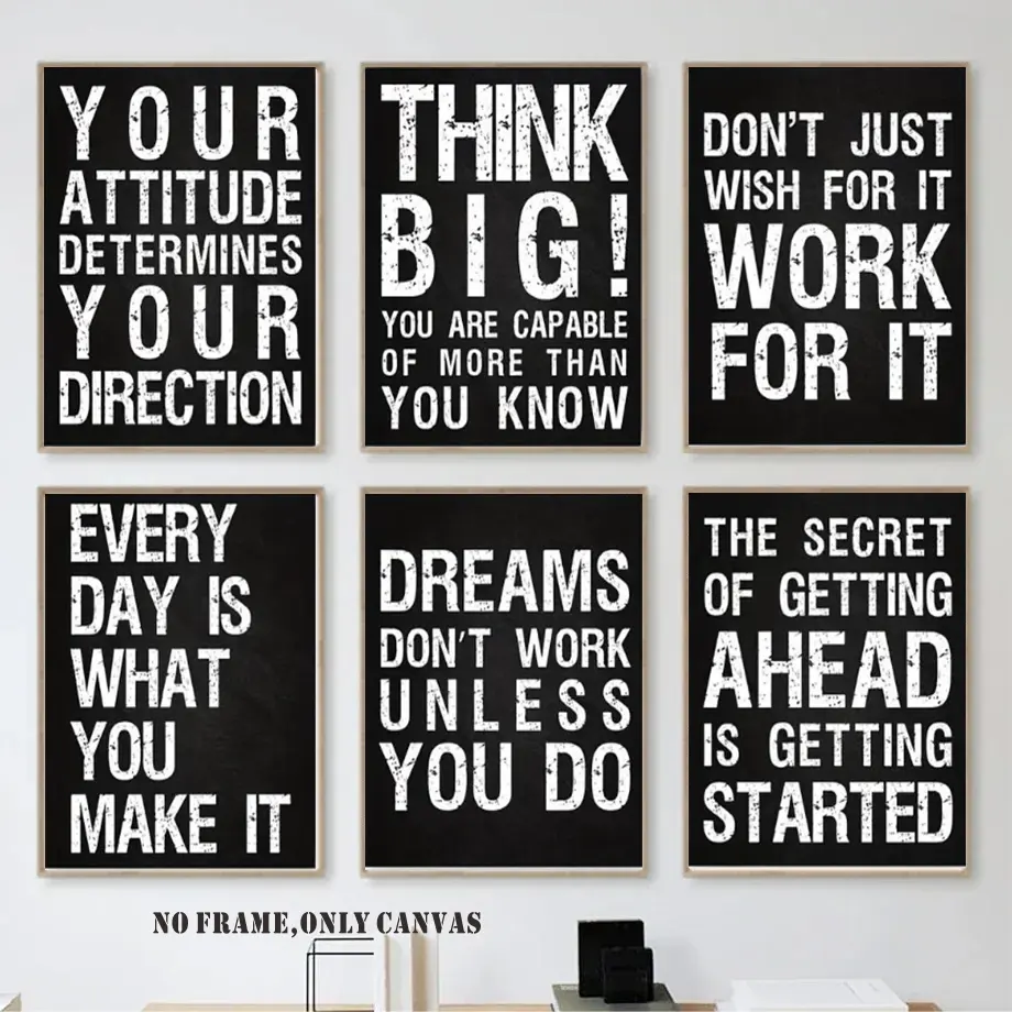 6-Piece Frameless Set, Motivational Wall Art Posters, Uplifting Quotes, Office, Gym, Home Decor, 2D Flat