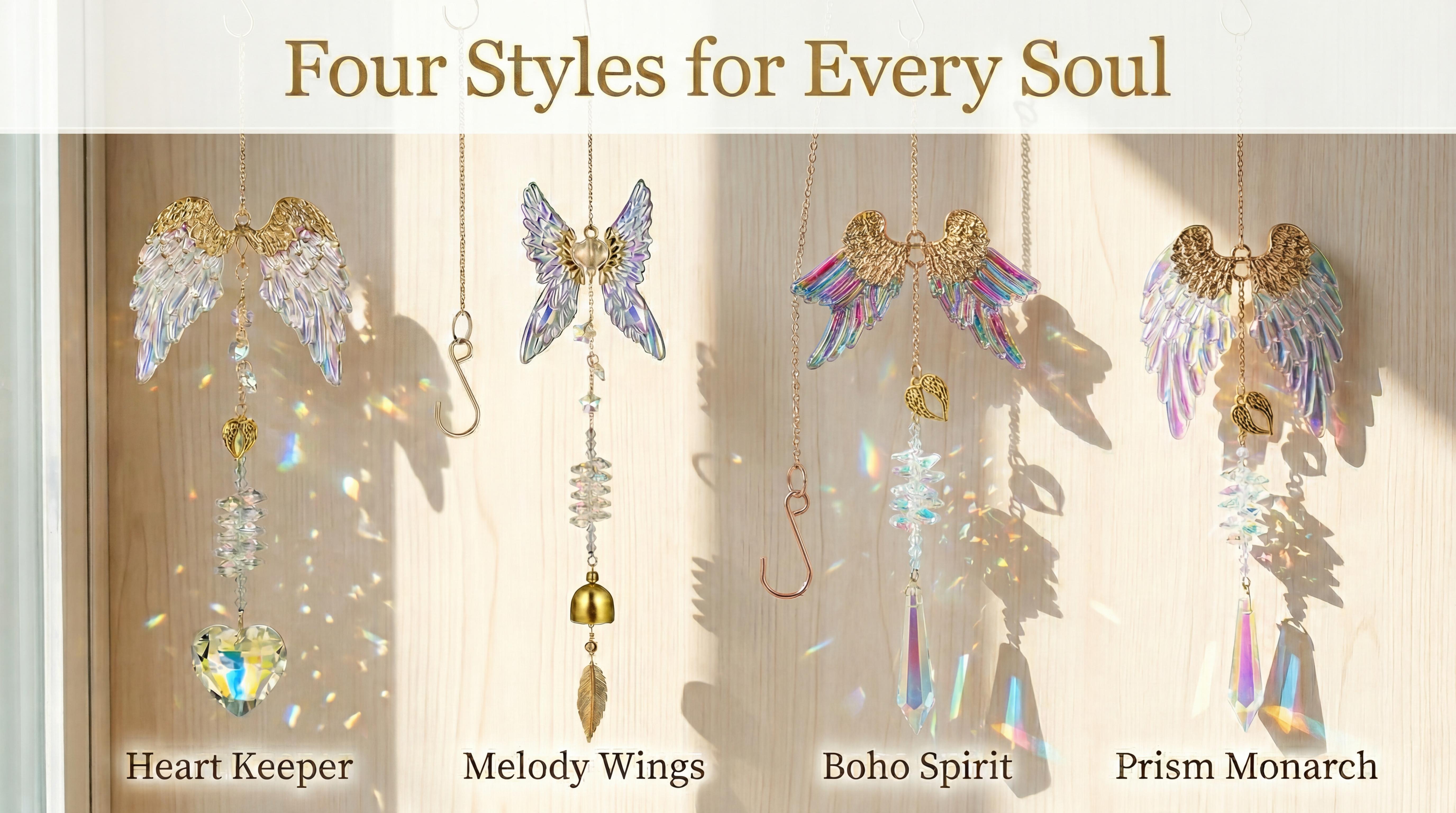 Angel Wing Crystal Sun Catcher 4 Styles - Hanging Rainbow Maker with Heart & Bell for Home Decor , Handmade Crystal Prism Rainbow Maker for Window & Garden  , Crystal Hanging Ornament Gift for Mom & Friends glass christian art office wall  gardening