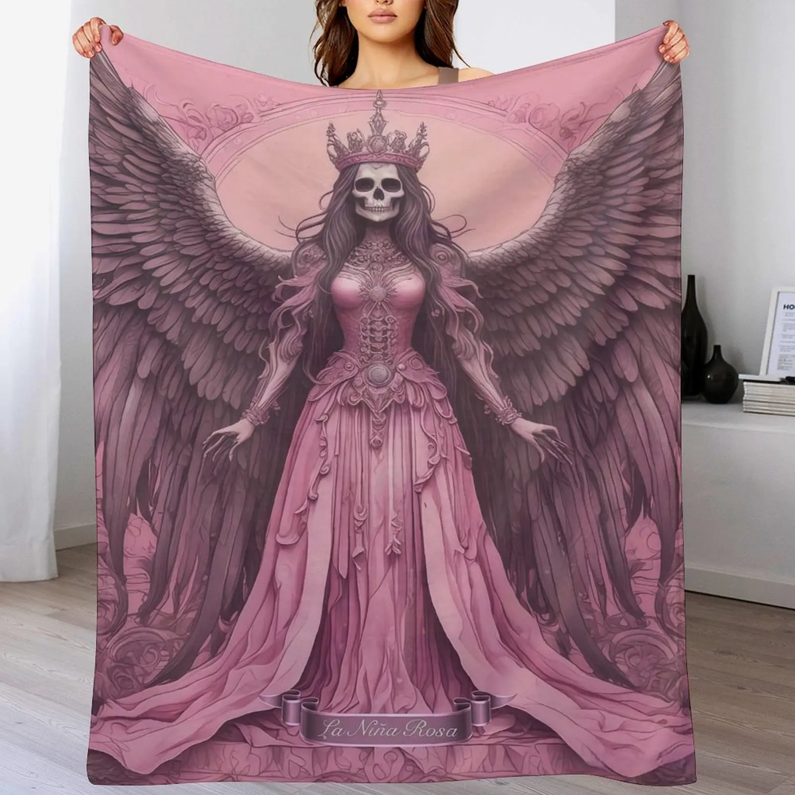 Pink Santa Muerte La Nina Blanca Flannel Blanket , Soft And Cozy for Warmth, UltraSoft, Lightweight, AntiPilling, Perfect for Gothic Decor, Halloween Season, Home Decor, and Thoughtful Gift Giving
