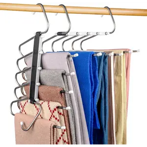 2 Pack Pants Hangers Space Saving Clothes Hangers 5 Layers, Non Slip Pant Hanger for Closet Organizers and Storage, Stainless Steel Jean Hangers Multifunctional Pant Rack for Trouser, Scarf, Skirt