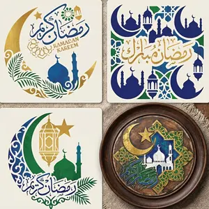 4-Piece Ramadan Decoration Stencil Set, Festive Wall Art with Moon, Mosque, Arabic Calligraphy & Stars, Reusable Craft Templates for Iftar Parties