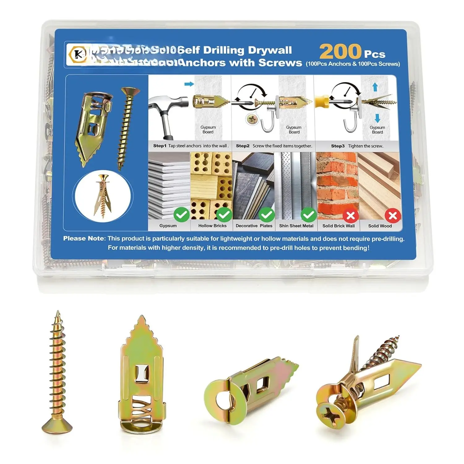 200 count Self Drilling Drywall Anchors with ScrewsZinc Plated Steel,2025 Upgraded Hollow Wall Anchors and Screws Kit, Easy Application No Drill or Holes in Wall(100 Anchors and 100 Screws)