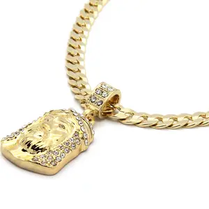 Mens 14K Gold Plated Jesus Face Pendant Cubic Zirconia Hip-Hop 24" 6mm Cuban Chain Fashion Unisex Jewelry