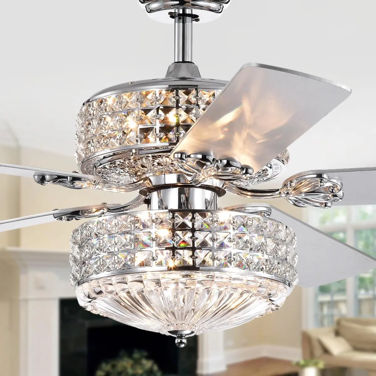 Warehouse of Tiffany CFL-8371REMO-CHD 52 in. Germane Dual Lamp Lighted Ceiling Fan with Crystal Shades, Chrome, Remote Control, Classic