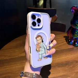 Magnetic Phone Case for iPhone 17 16 Pro Max Plus 15 14 13 12 11 Air E Cartoon Curious George in Pajamas with Teddy Bear Pattern Non-Yellowing Shockproof Soft Silicone Transparent Acrylic Cover Supports Wireless Charging Protective Cellphone Casing