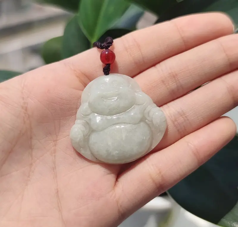 Green Jade-Style Pendant Necklace with Laughing Buddha Design - Unisex Casual Jewelry for a Birthday or Anniversary Gift, Cord, Compact, Daily, Ethnic, Everyday Wear Necklace, Unisex Fit, Buddha Charm, Classic, Natural, Adjustable Cord, Easy To Style