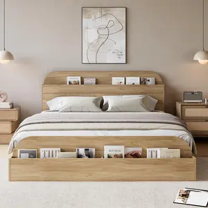 Queen Size Bed Frame, Wooden Beds with Storage Headboard and Raised-Foodboard, Queen-Floor Low Platform Bed for Bedroom, Sturdy Wooden Slats Support, No Box Spring Needed, Natural