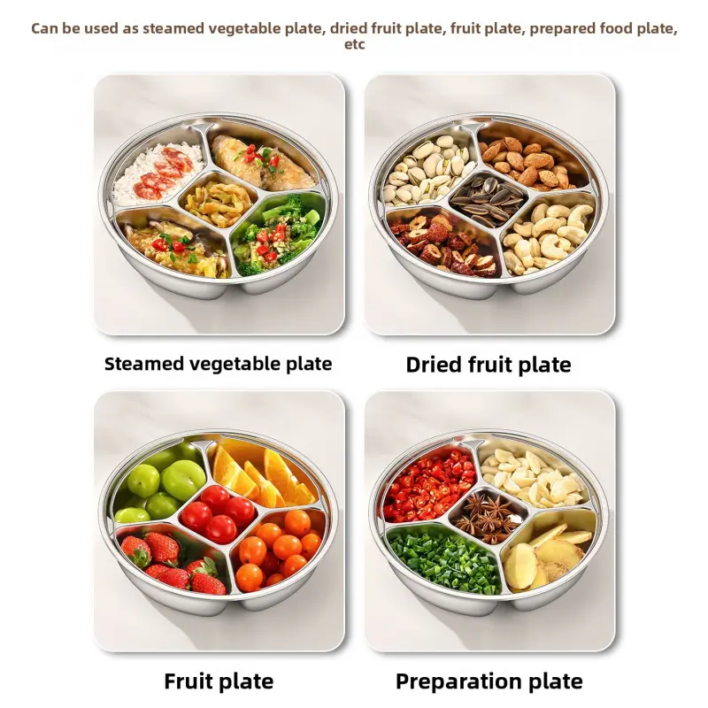 316L Stainless Steel Divided Steamer Tray with Handle Round Portion Control Plate for Weight Loss Cooking Pan for Steaming Basket in Rice Cooker Vegetable Steamer