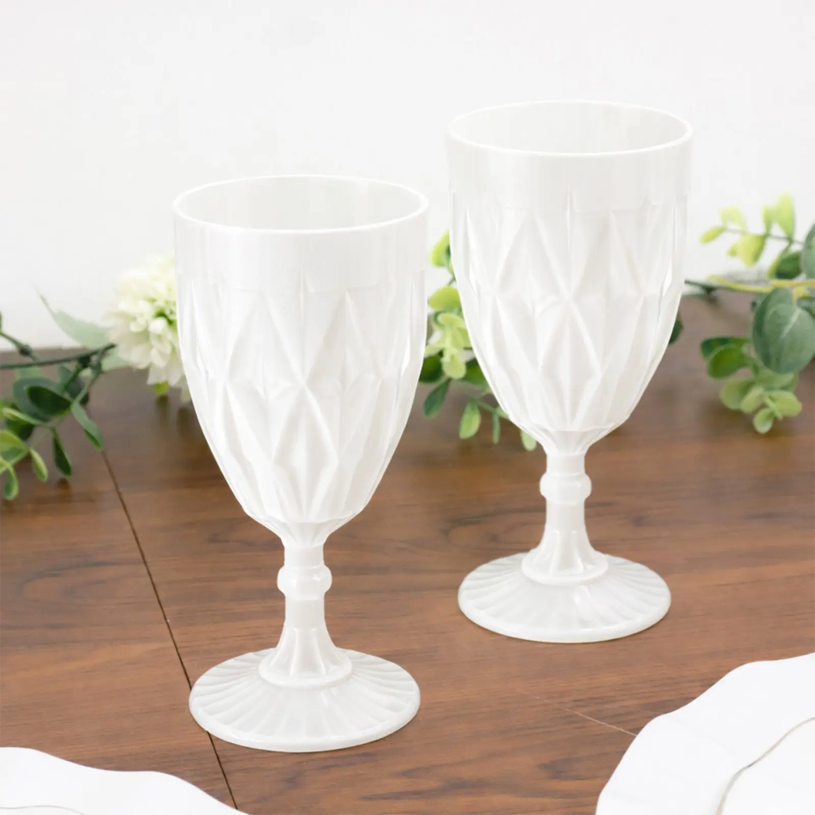 12 Pack Vintage Diamond Cut Plastic Goblets – Pearl White 11oz Reusable Wine & Beverage Glasses
