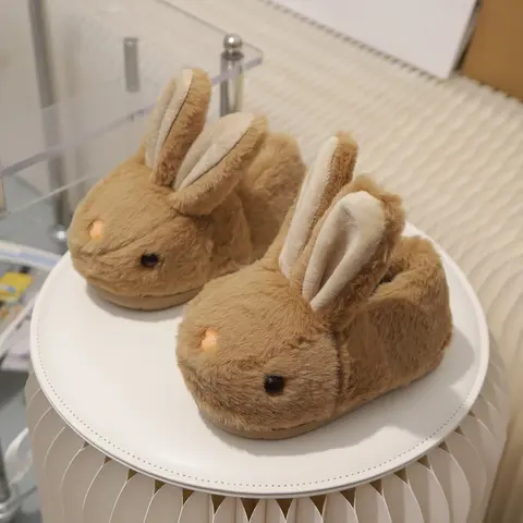 Cotton Slippers with Fur Lining, Lightweight Comfortable Indoor Home Shoes, Fawn Brown, One-Step Cartoon Rabbit Design Animal Slippers for Fall & Winter