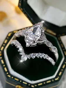 Elegant and delicate white teardrop synthetic zirconia silver V shaped ladies set ring Ladies engagement promise ring Perfect ladies jewellery gifts