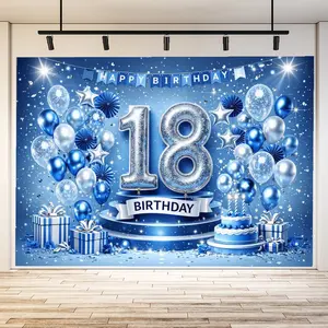 1 18th Birthday Party Decoration Background Banner - Blue Silver Theme with Shiny "18" Balloons, Birthday Cake, Gift Box, Star Lights and Confetti - Holiday Celebration Items for Blue Party Decorations