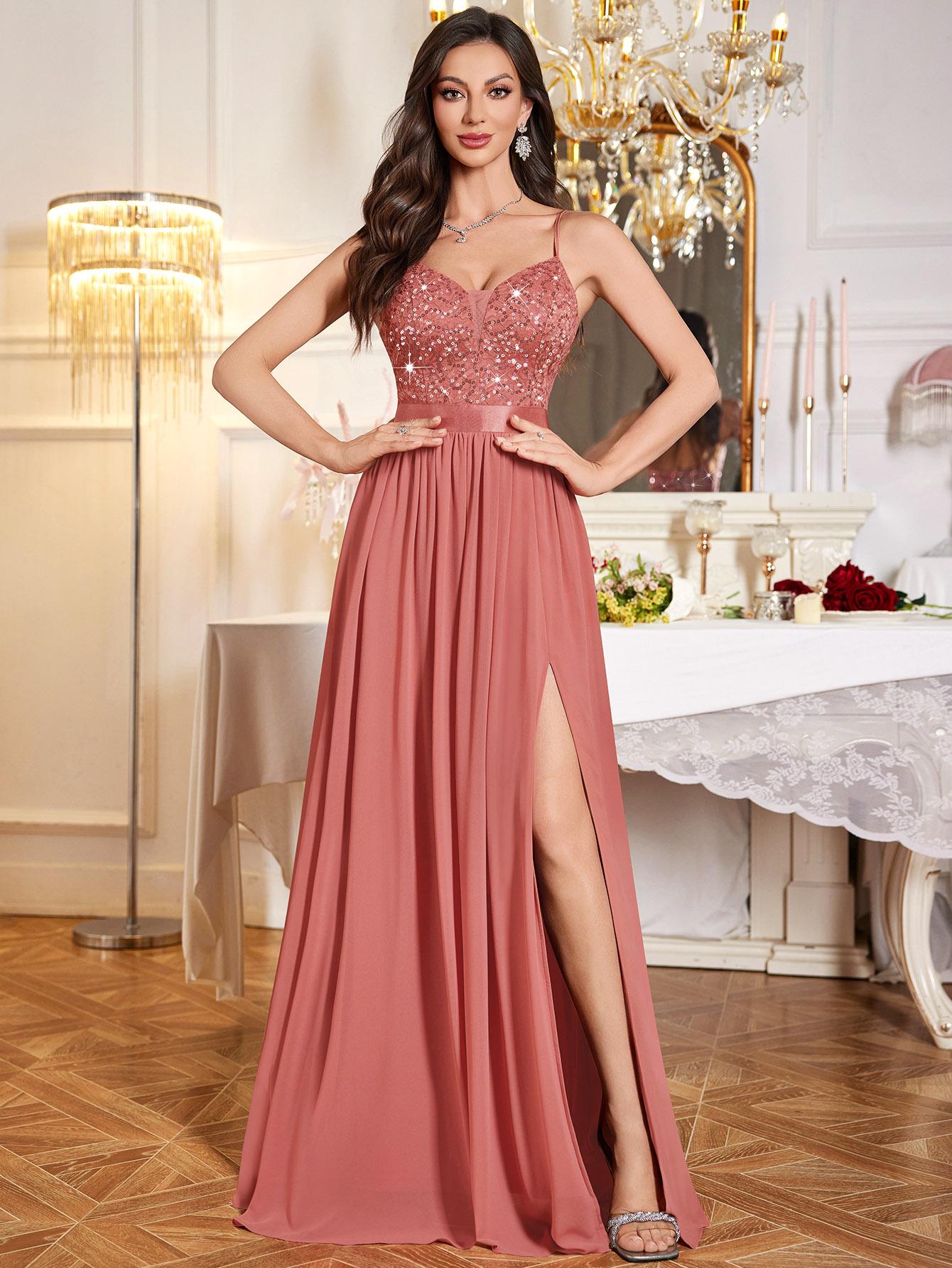 Miusol 55815A Women's Elegant Sparkly Glitter V-Neck Sequin Sexy High Slit Formal Wear Bridesmaid Long Gown with Zip - for Proms,Weddings,Galas Formal Events,summervibes