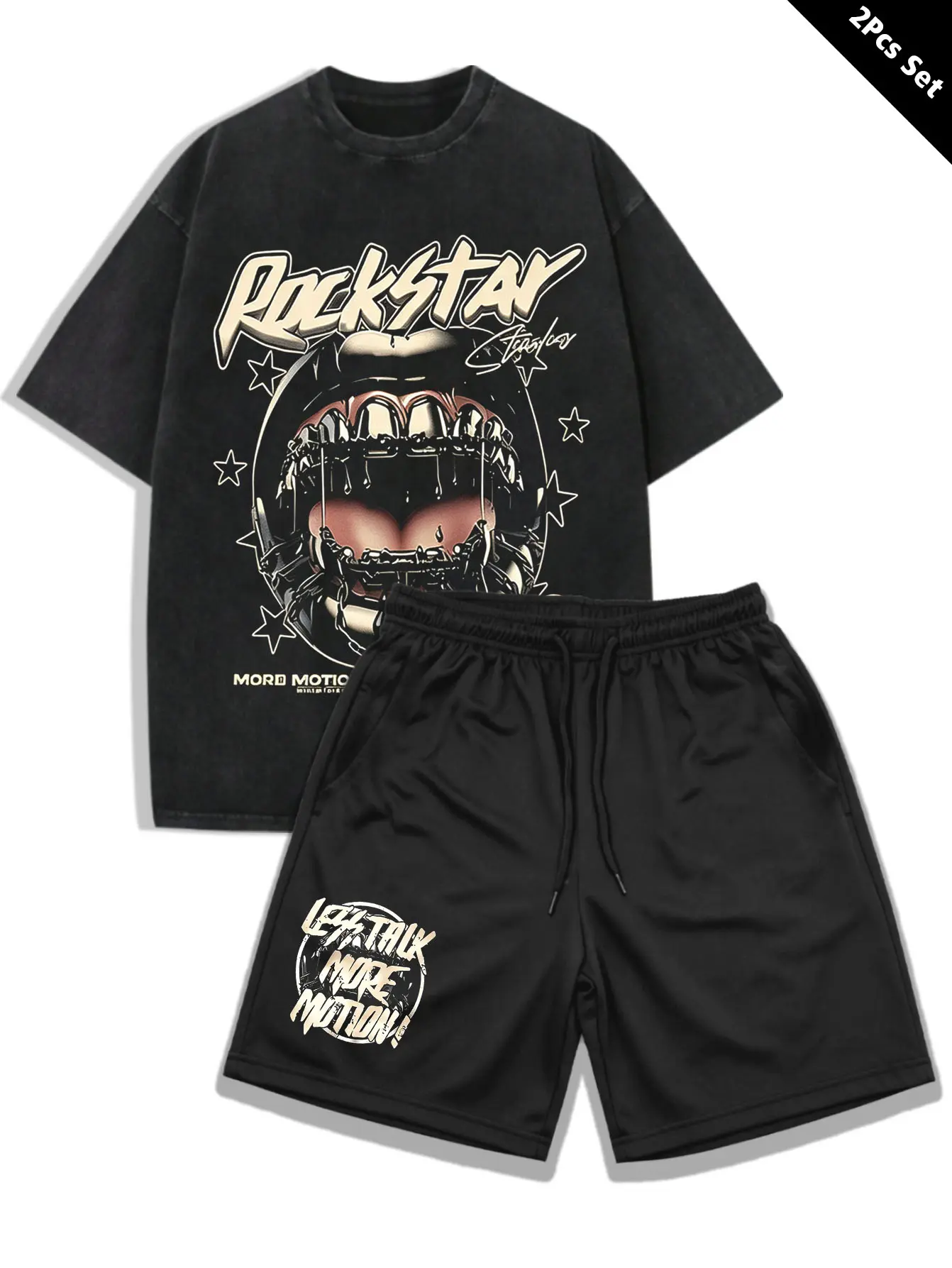 1 set vintage graphic T-shirt paired with black athletic shorts, two-piece set featuring metal rhinestone accents and retro rock star elements; unisex design suitable for all seasons; Y2K streetwear for Halloween, Christmas, music festivals, and beach va
