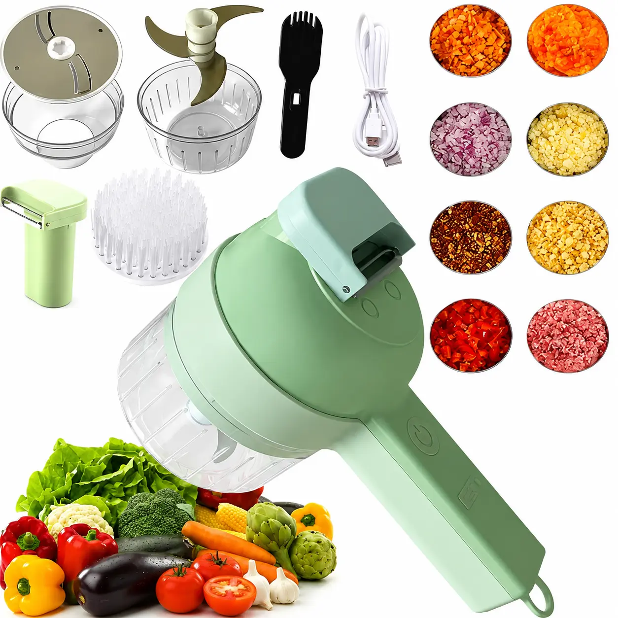4 in 1 Handheld Electric Vegetable Cutter, Open Feed Slicing Slicer Mini Meat Grinder, Garlic Puree Maker, Wireless  Chopper with Electric Cleaning Brush, Portable Kitchen Gadget for Onion Chili food