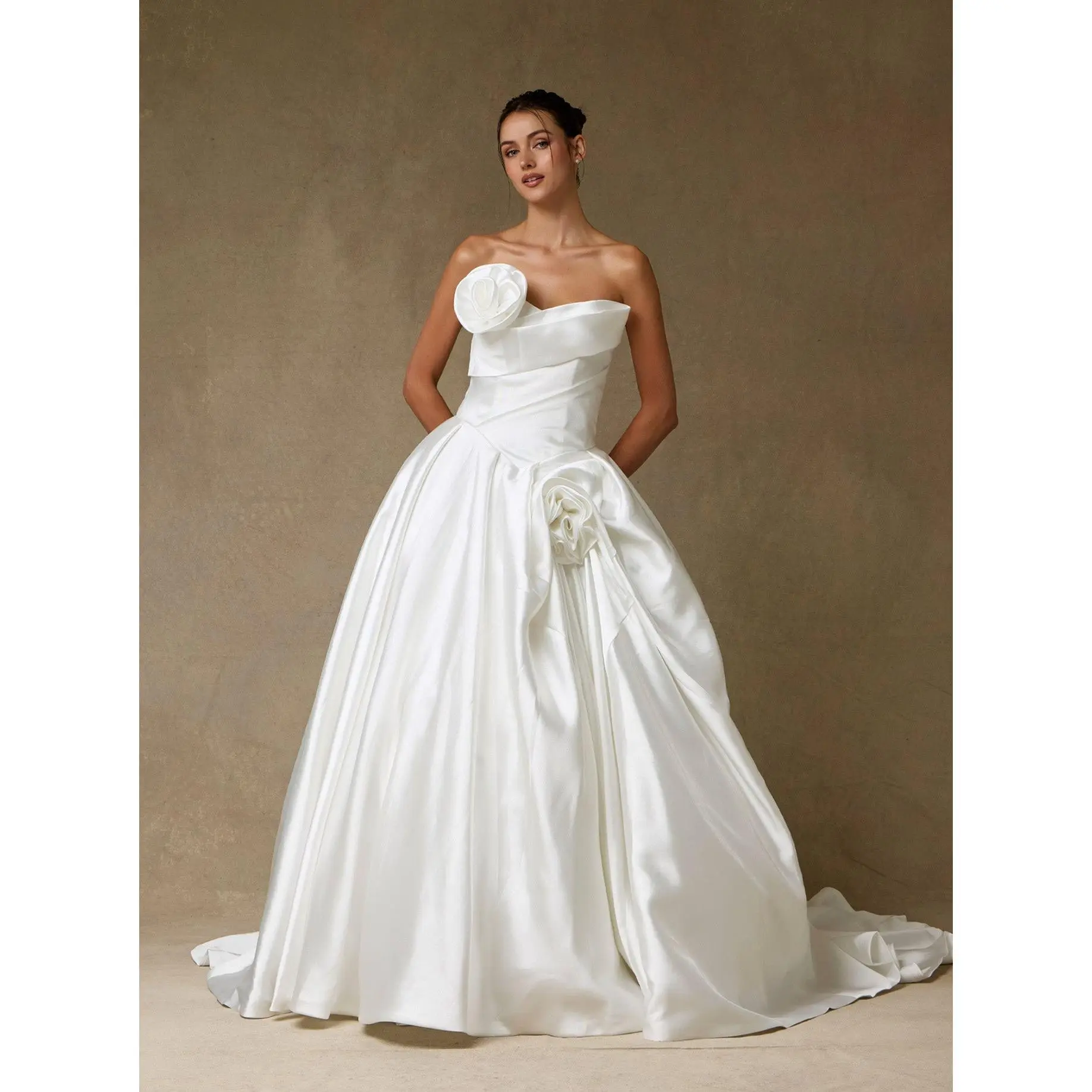 Strapless Mikado Ball Gown Wedding Dress with 3D Floral Detail – Couture Bridal Gown - SIACW30088