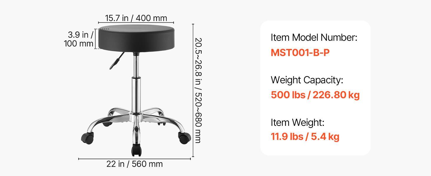 VEVOR Durable Rolling Stool with Wheels, 500 lbs Capacity, Height-Adjustable via Reinforced Gas Lift Cylinder, Thick Cushion Ergonomic PU Leather Seat, 360° Swivel Round Chair for Salon, Clinic, Black#BackToSchool