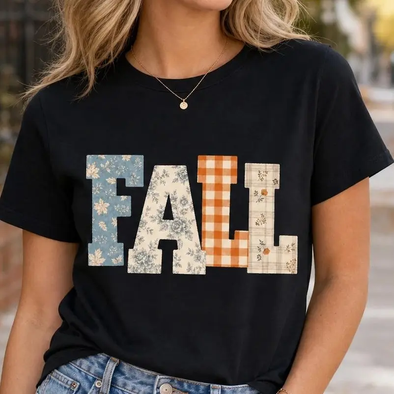 Women's FALL Patchwork Letter Shirt, Autumn Floral Plaid Gingham Graphic Tee, Thanksgiving Pumpkin Patch Outfit, Cute Fall Lover Gift - JACKSON HOAI STORE
