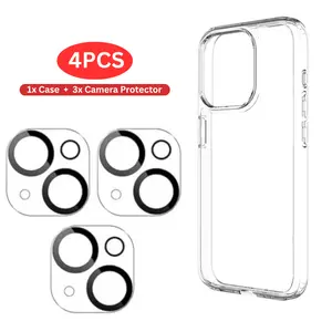 [4Pack] 3x Tempered Glass Camera Lens Protector with 1pcs Clear Case for iPhone 15 16 PLUS PRO MAX 11 12 13 MINI 14