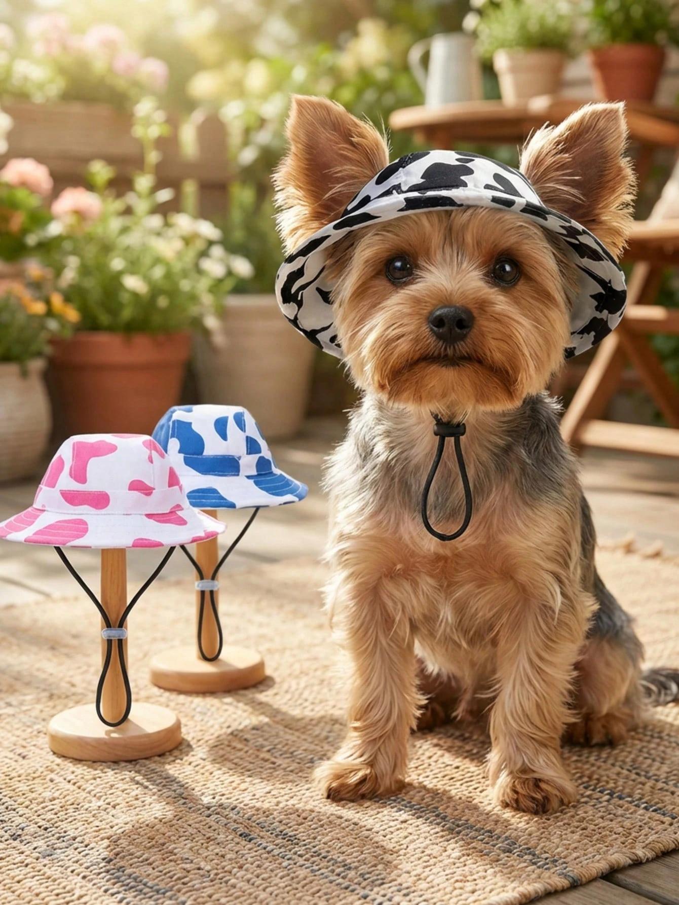 AESS x PETSIN Cow Print Pet Bucket Hat - Ear-Exposed Design, Adjustable Strap, Sun Protection, Multi-Size Photo Prop for Small-Medium-Large Cats & Dogs
