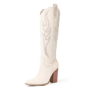 VIMISAOI Womens Suede Knee High Western Fusion Boots with Rhinestones Embroidered Pointed Toe Chunky Heel Side Zip Pull-On Slip Resistant Summer Boots For Women