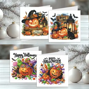 Halloween Pumpkin Diamond Painting Greeting Card Set, DIY Crafting Halloween Theme Holiday Cards with Envelopes, Creative Gift for Birthdays and Special Occasions
