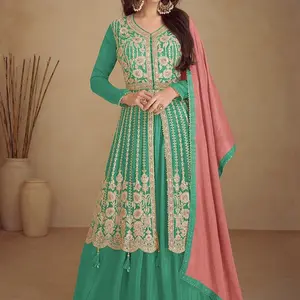 Green And Peach Traditional Embroidered Wedding Anarkali Palazzo Suit Size 40 42 44 with Delicate Floral Motifs