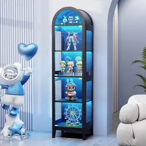 BROTTAR Arched Display Cabinet with Glass Doors, 71" Narrow Curio Cabinet with LED Lights for Collectibles Bookcase, 5-Tier Showcase Glass Display Case with Human Body Sensor for Living Room, Black