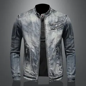 Vintage Denim Jacket With Zip Stand Up Cotton Slim Fit Outwear Man Fashion Casual Windbreaker Male Clothes Winter Jacket Men Coat Classic