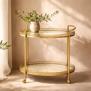 Metal Rolling 2 Mirrored Shelves Bar Cart with Vintage Inspired Details 30" x 16" x 34"