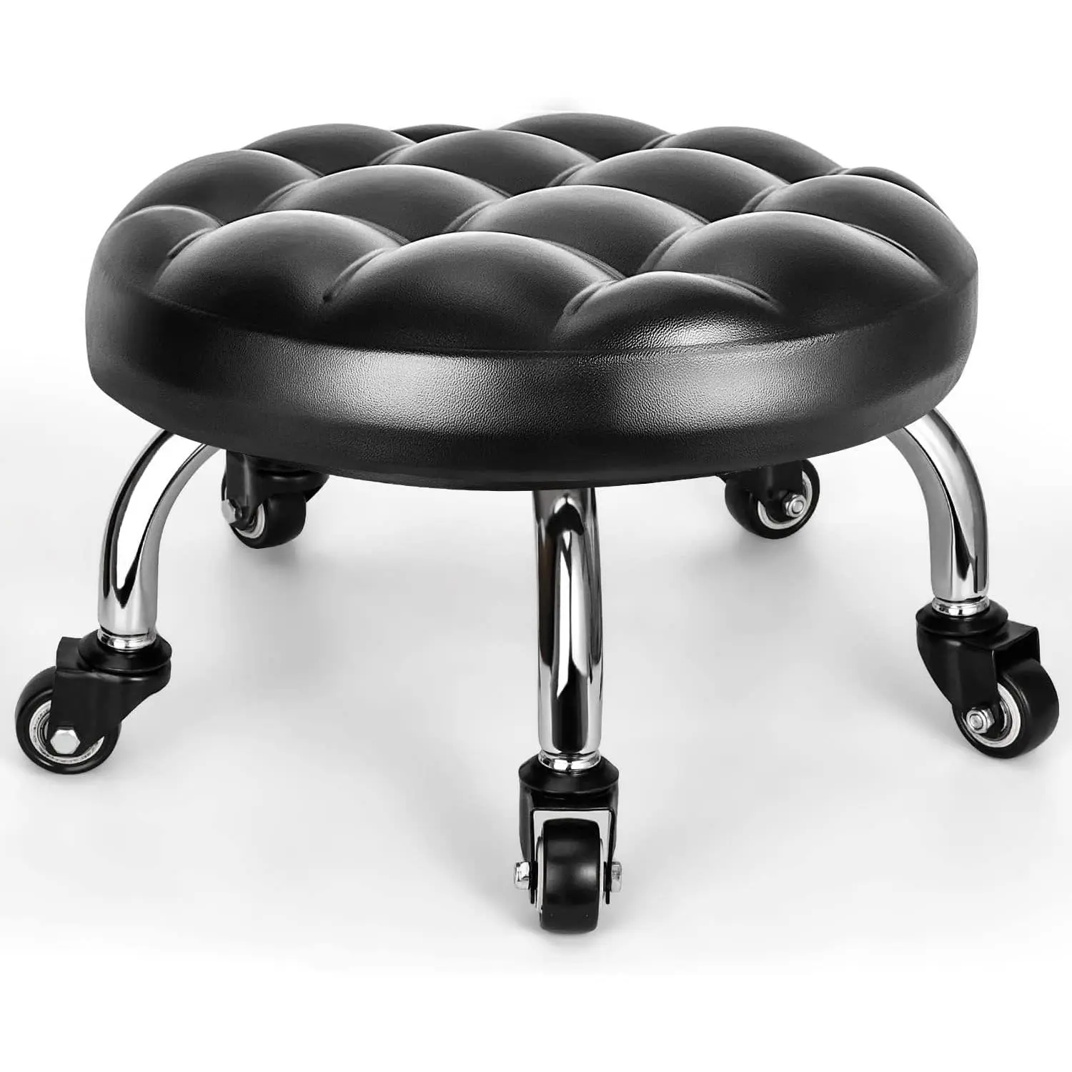 Low Rolling Stool, Low Stool with Wheels, PU Leather Low Roller Seat Stool Chair, Rolling Seat Stool for Home Office Garage Shop (Style 1)