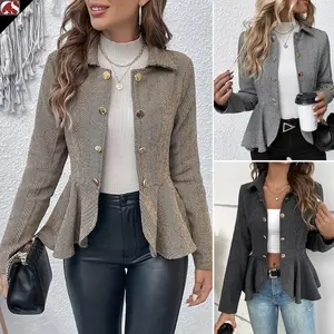 European and American foreign trade cross-border women's clothing lapel jacquard ruffle edge slim fit double breasted temperament office blazer women