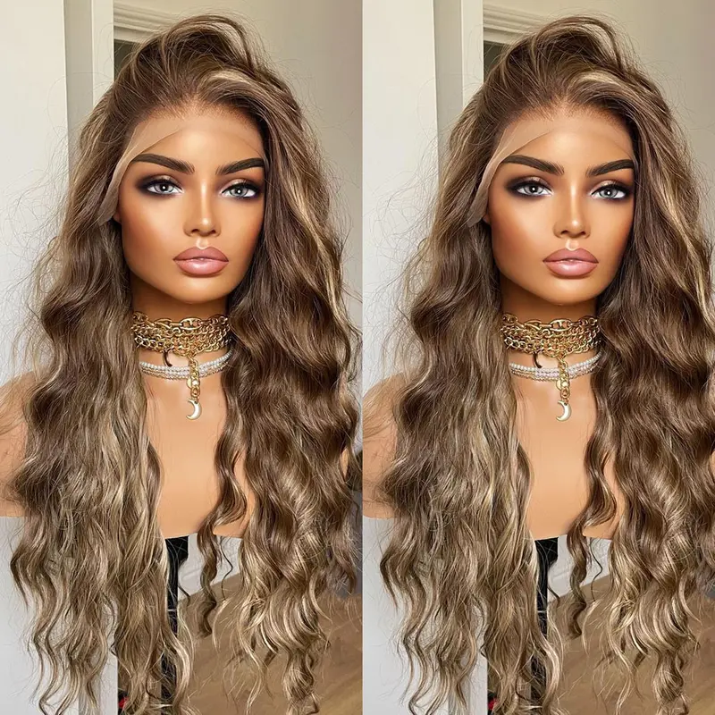 Lovestory Gwen 13x4 HD Lace Front Wig 28 Inch Chocolate Brown Wavy Synthetic Wig with Blonde Highlights, Glueless Pre-Plucked Pre-Cut Lace, Heat Resistant Long Natural Looking Wig for Women