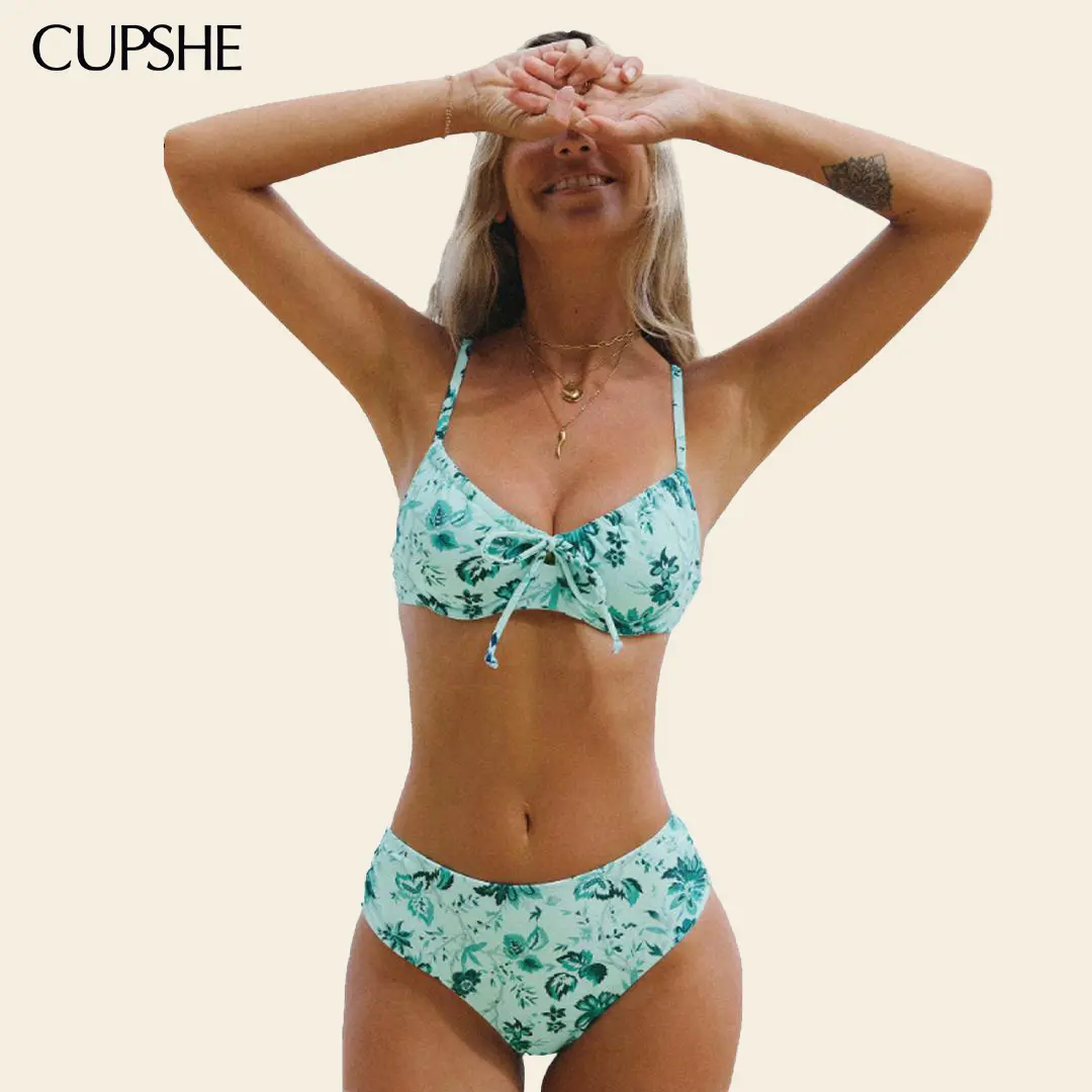 Cupshe Women's Bikini Set, 2-Piece Tropical Floral Swimsuit with Sweetheart Tie Front Top and Shirred Mid Rise Bottoms, Bikini Sets, Swimsuits #summerfinds