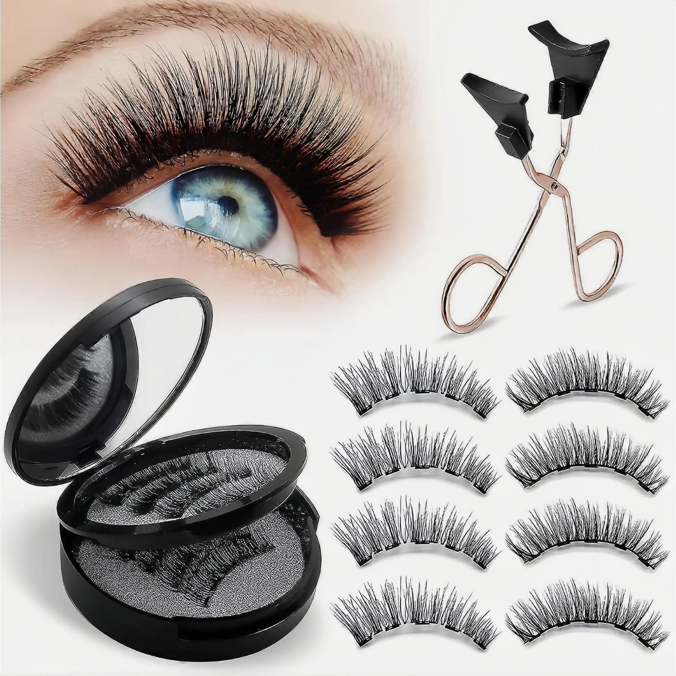 Natural Magnetic Eyelashes 4 Pairs Set, Glue-Free Reusable False Lashes with Applicator, Gentle & Voluminous for Long Lasting Wear, Natural False Eyelashes