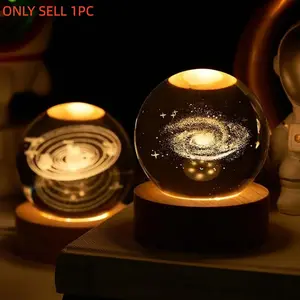 3D Moon Crystal Glass Globe Creative Clear Galaxy Saturn Crystal Sphere Bedside Night Light House Decoration Desk Table Ornament House Accessories Gift Aurora Projector Lamp