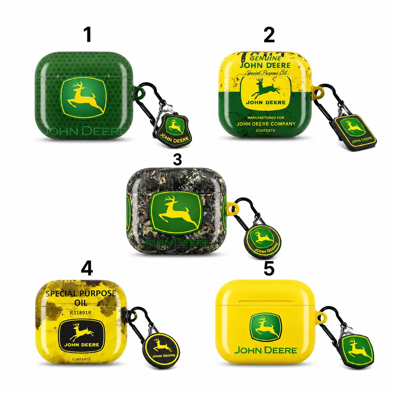 NO KEYCHAIN INCLUDED John Deere AirPods Case – Iconic Green & Yellow Designs with Vintage Oil Can Graphics & Deer Logo, Fits AirPods Pro (Gen 12) & AirPods (Gen 123), Perfect Gift for Farmers & John De