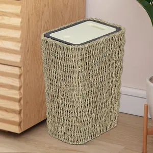 Boho with Lid,3 Gallon Small Rattan with Press Top Lid,Slim Wicker Waste Basket and Hamper 2 in 1 for,Seagrass Woven Garbage Can Trash Basket for,