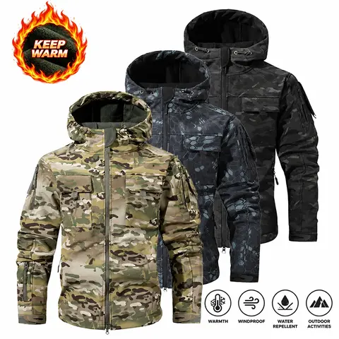 Men’s Outdoor Waterproof Fleece Hooded Jacket — Windproof hood, slim fit, windproof and waterproof, multiple pockets, fleece lining with fleecing construction, outdoor workwear camouflage style riding jacket for motorcycling and agricultural work