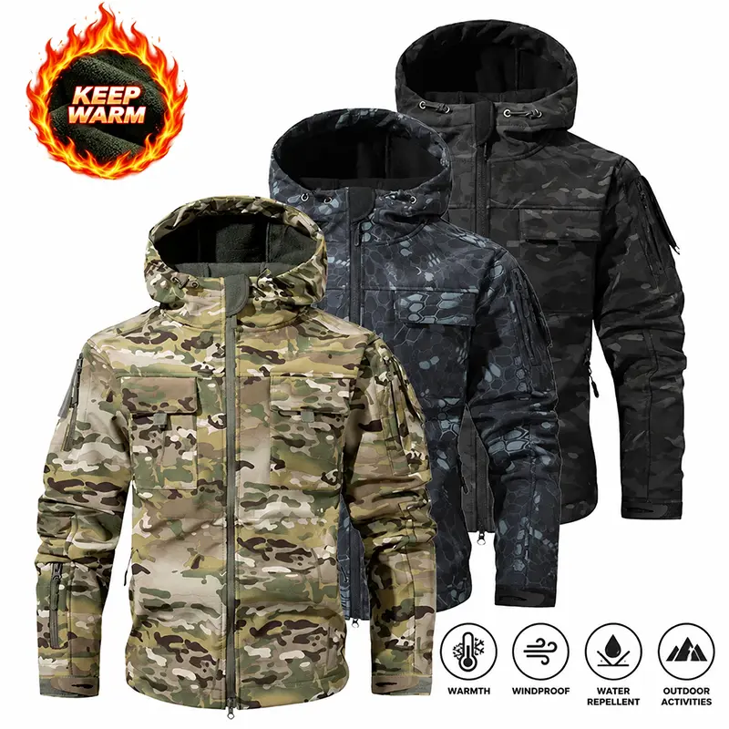 Men’s Outdoor Waterproof Fleece Hooded Jacket — Windproof hood, slim fit, windproof and waterproof, multiple pockets, fleece lining with fleecing construction, outdoor workwear camouflage style riding jacket for motorcycling and agricultural work